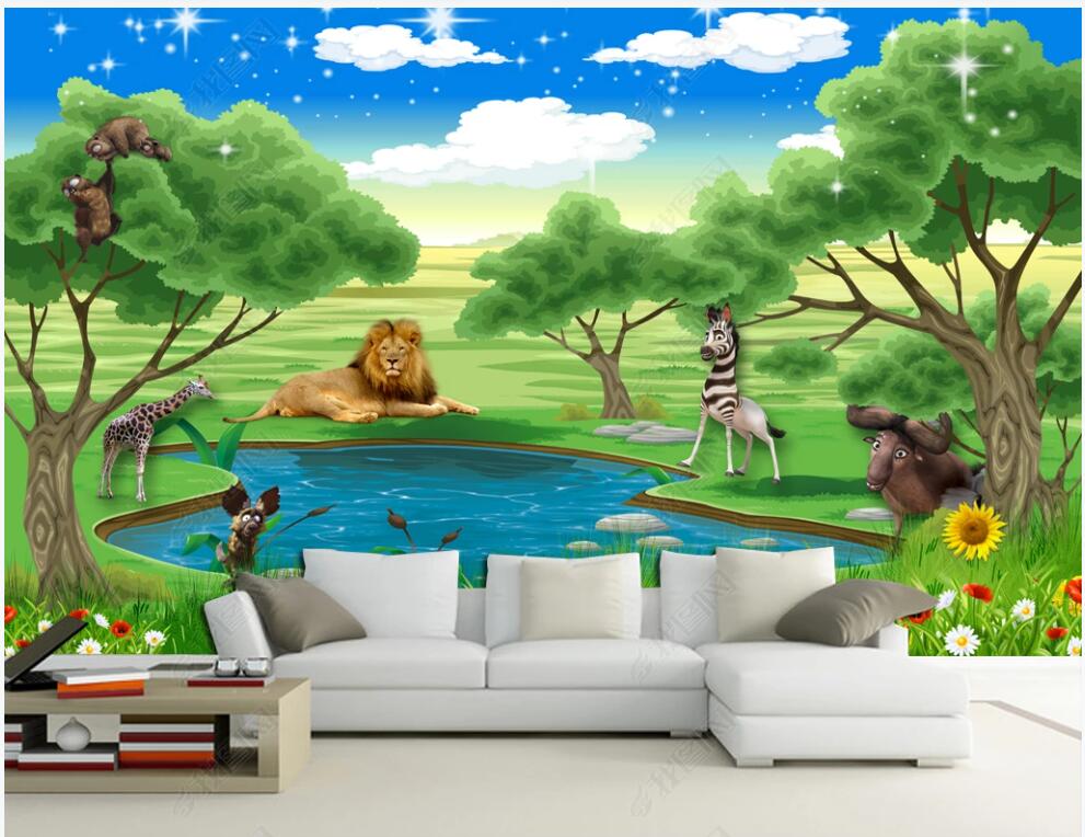 

WDBH 3d wallpaper custom photo Cartoon grassland animal lake landscape living room home decor 3d wall murals wallpaper for walls 3 d, Non-woven wallpaper