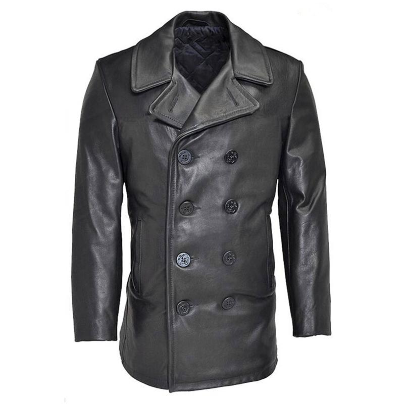 

Read Description! Asian size winter genuine cow leather jacket men's classic cowhide leather wind pea coat, As pic
