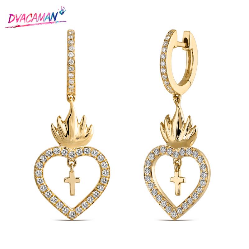 

Dvacaman High Qulity Golden Heart Earrings CZ Cross Pendent Huggies Drop Earrings for Women 2021 Trend Jewelry Gift Wholesale