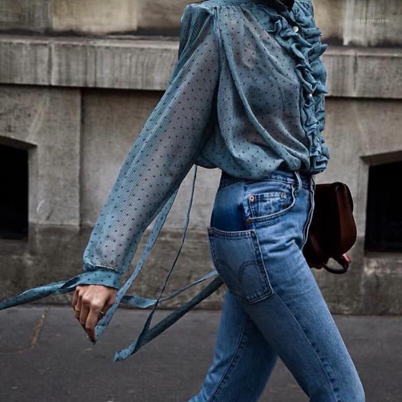 

MENKAY] 2019 Autumn Fashion Polka Dot Chiffon Sheer Shirt Women Ruffles Blouse Puff Sleeve Ladies Tops Korean Fashion Clothing1, Biue