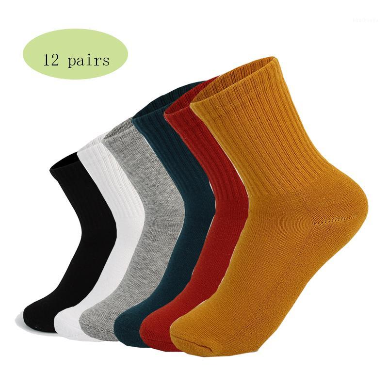 

12 Pairs Women Nature Hiking Socks Medium Thick Soft Comfy Korean Style Sports Running Socks Solid Color Outdoor Hike1, Black