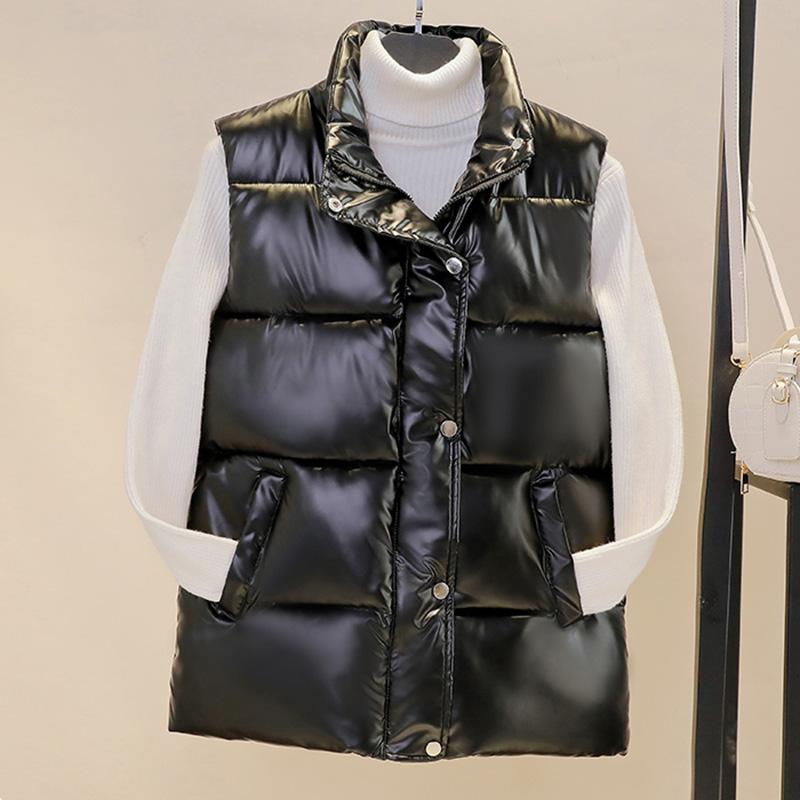 

Glossy short down cotton waistcoat women 2021 autumn and winter all-match cotton waistcoat Korean women' jacke, Black