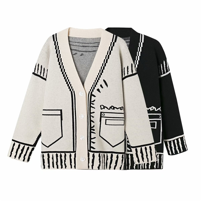

2021 New Streetwear Women Striped Sweater Coats Fashion Ladies V-neck Knitted Tops Causal Female Chic Pocket Loose Cardigan J3sl, Black