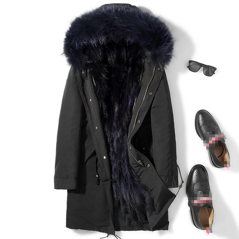 

Real Raccoon Fur Parka Winter Long Coat Male Warm Parkas Plus Size Jacket Manteau Homme D-96-1701 MY1828, Black blue liner