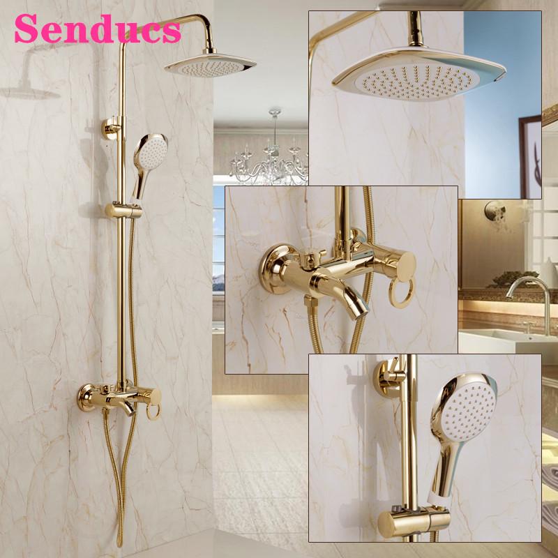 

Gold Bathroom Shower Set Senducs Round Rainfall Hand Shower Head Copper Bathtub Mixer Faucets Hot Cold Bath System