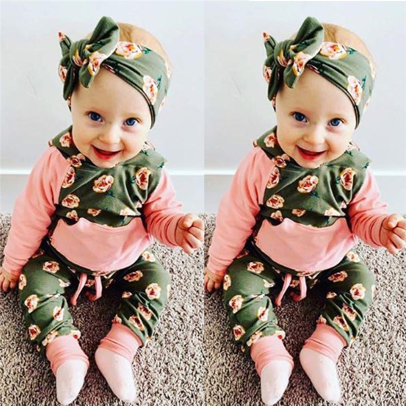 

Toddler Baby Girls Clothes Summer Long Sleeve Floral Print Hooded Tops Long Pants Headbands 3Pcs Outfits Baby Clothes Set1, Green