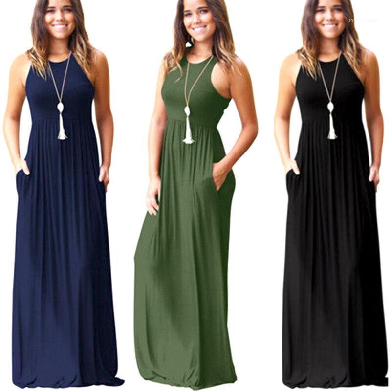 

Women Summer Dresses Sleeveless Round Neck Solid Boho Casual Long Maxi Party Cocktail Beach Dress Sundress1, Black
