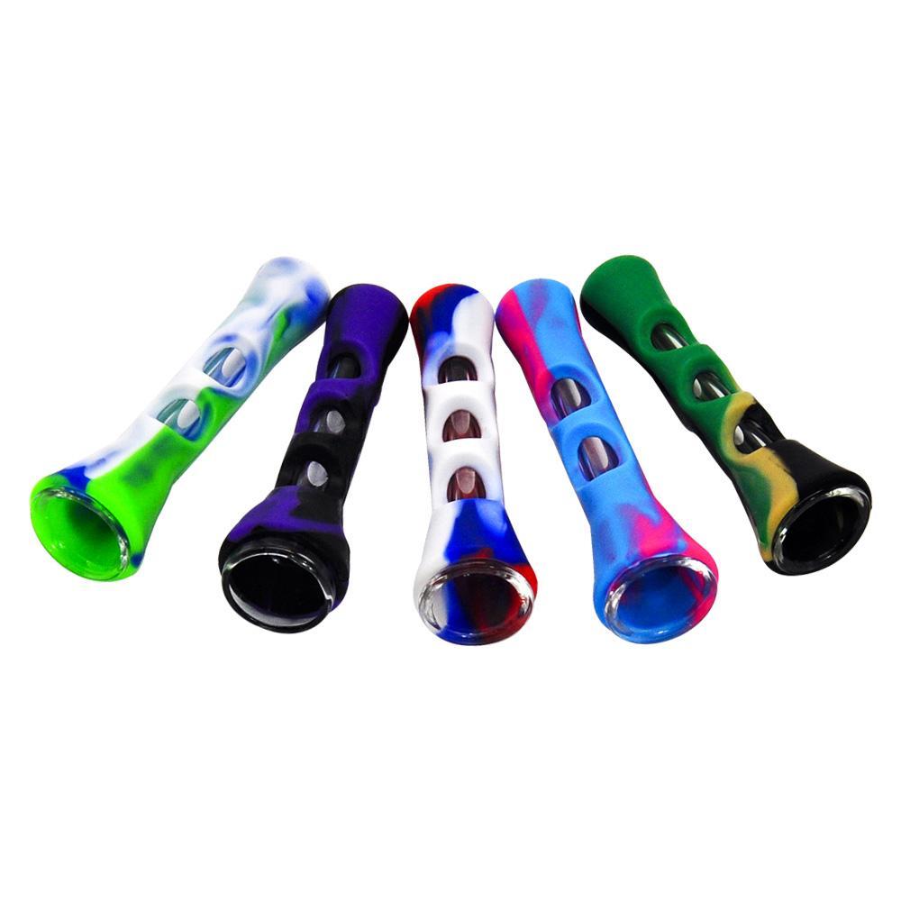 Fashion Horn Shape FDA Silicone & Glass Smoking Herb Pipe 20MM One Hitter Pipes Dugout Tobacco Cigarette Pipe Hand Spoon Pipes Accessories