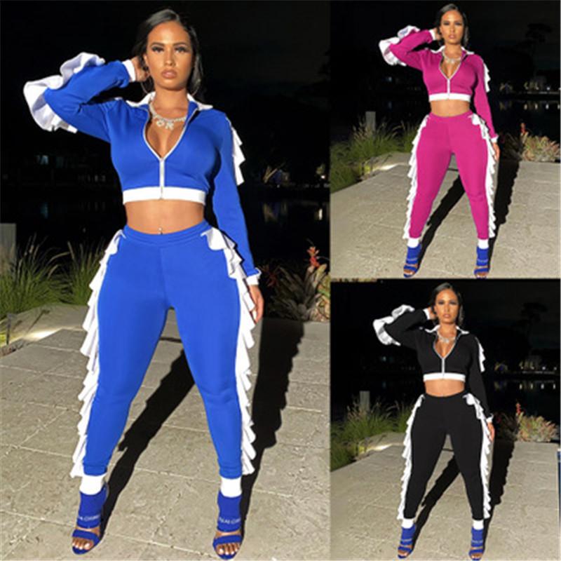 

Women Slim Contrast Sets Fashion Trend Long Sleeve Zipper Short Jackets Ruffle Pants Sports Suits Designer Female New Lapel Coats Tracksuits, Rose