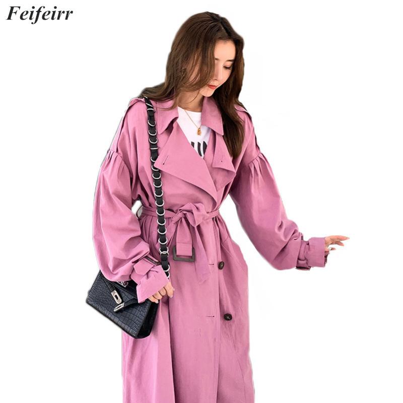 

2020 Spring Autumn Korean version loose double-breasted windbreaker coat female temperament elegant casual long Trench coat, Purple