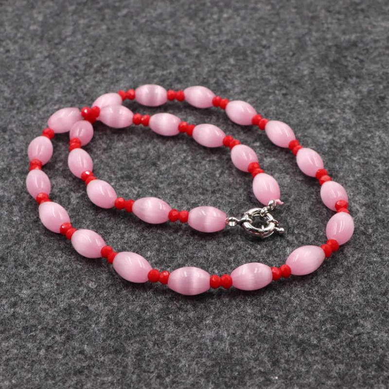 

Handmade Strand Choker Necklace Boho Pink Crystal Cat Eye Stone Beads Necklaces for Women Fashion Chain Jewelry Collar 18" B177