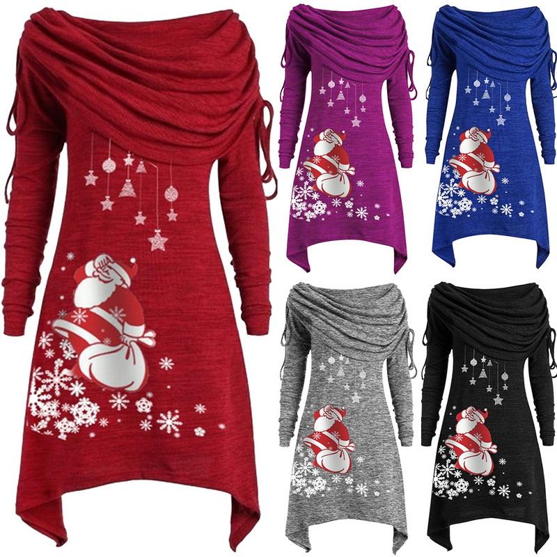 

Christmas Women Long Sleeve Pullover Bandage Off Shoulder Blouse Long Irregular Tops Fashion Casual Female Top Blusas Mujer, Gray