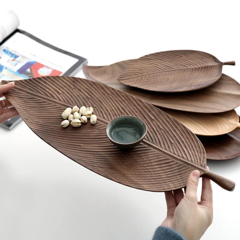 

2021 New Walnut Fruit Dishes Saucer Tea Dessert Dinner Bread Tray Leaf Pattern Wood Plate Storage Trays 8pkl