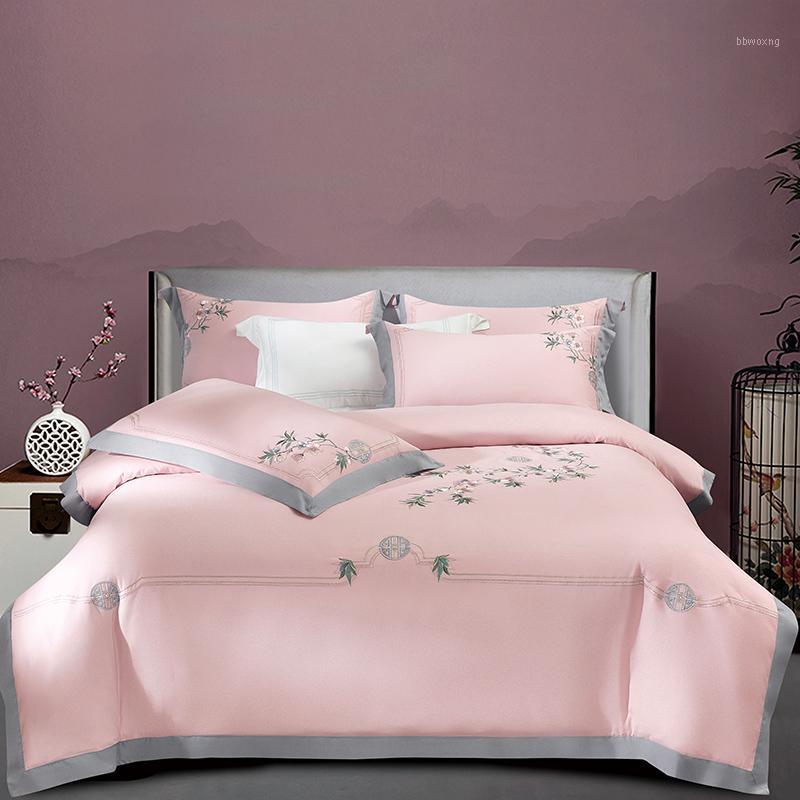 

New 1000TC cotton Bedding Set light green Elegant embroidery Duvet Cover Flat Sheet Bed Linen Pillowcase For Adult Bed Set 4PCS1