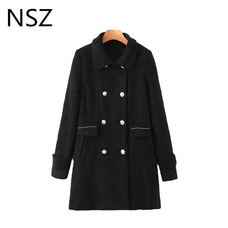 

NSZ women black oversized double breasted teddy coat warm winter thick wool blend overcoat fashion woolen jacket chaquetas mujer, 18-1