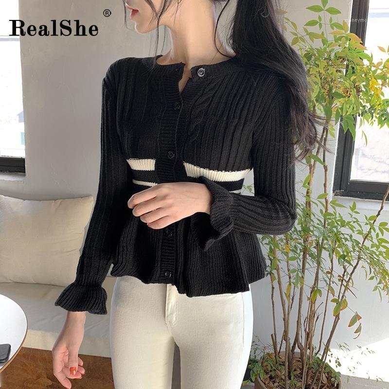 

RealShe Cardigan Women 2020 Long Sleeve Striped Sweaters Ladies Spring Casual Streetwear Ruffles Sweater Woman 2020 Female Tops1, Black sweater women