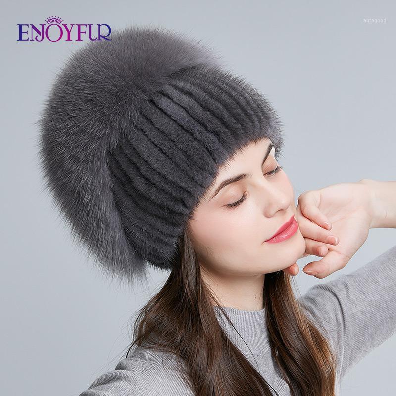 

Beanie/Skull Caps ENJOYFUR Winter Women Real Hats Hand Sewn Natural With Top Fluffy Fur Fashion Rhinestone Rose Beanies1, 01