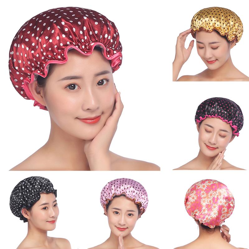 

Lovely Thick Women Shower Caps Colorful Double Layer Bath Shower Hair Cover Adults Waterproof Dry Hair Hat Bathroom Products