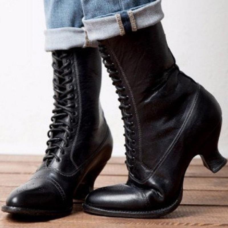 

Shoes Women Boots Pu Leather Vintage Mid Heels Ladies Autumn Winter Sexy Cross Strappy Platform Gothic Black