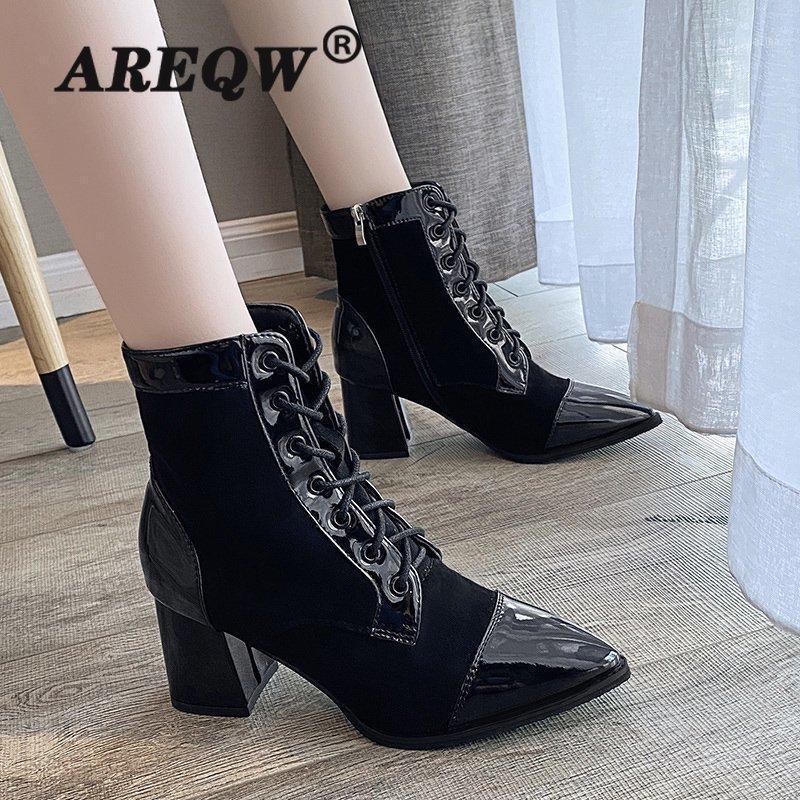 

Women's Boots Autumn And Winter The New fashion Pointed zipper Thick heel mid heel Middle tube Women's shoes womans shoes1, Black