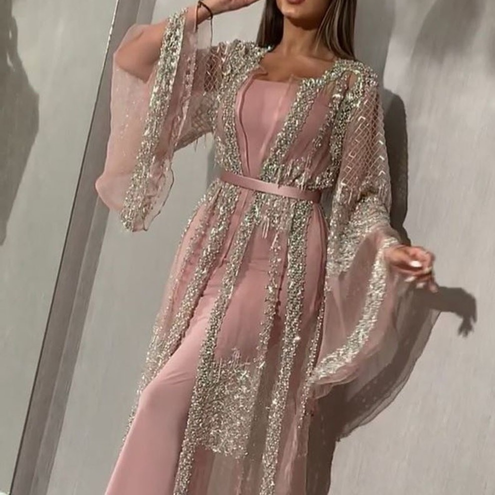 Bling Gold Sequins Prom Dresses 2021 Cheap Long Off Shoulder V Neck Ruffles Sweep Train two piece Evening Gowns Pageant Dress Formal-image-747613006
