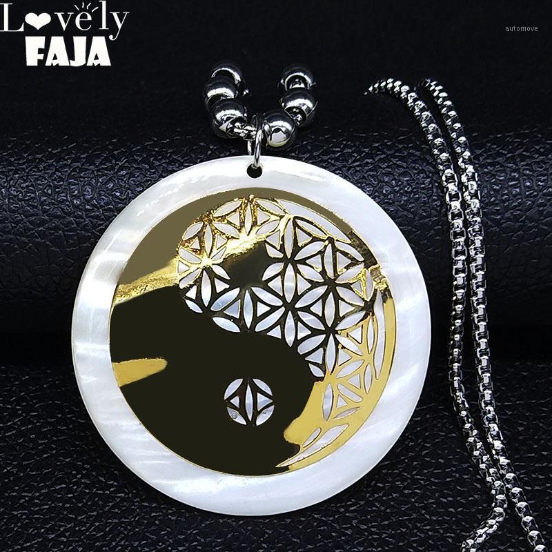 

Yoga Tai Chi Gossip Flower of Life Shell Stainless Steel Necklaces Pendants Gold Color Big Long Necklace Jewelry collare N201161