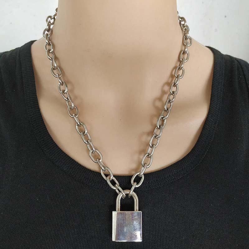

Handmade Men Women Unisex Chain Necklace Heavy Duty Square Lock Pendant Padlock Choker Metal Collar