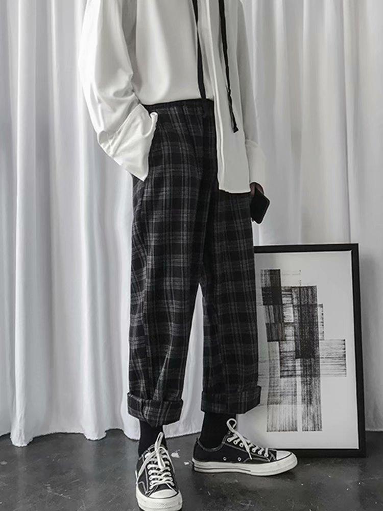 

Men Pants Retro Casual Plaid Pants Hip Hop Loose Straight Trousers Men Autumn Fashion Slim Trousers Korean Man Straight, K001 black and white