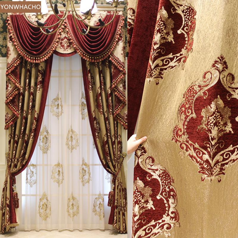 

Custom curtains Luxury living room thick chenille precision jacquard red gold cloth blackout curtain valance tulle panel B530, As pic