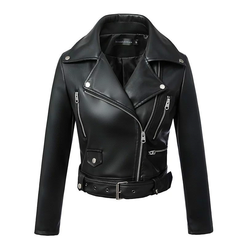 

New Women With Belt Biker Leather Jacket Fashion Spring Autumn Black Short Faux Leather Coats Ladies Zipper Moto Outerwear Femme 210201