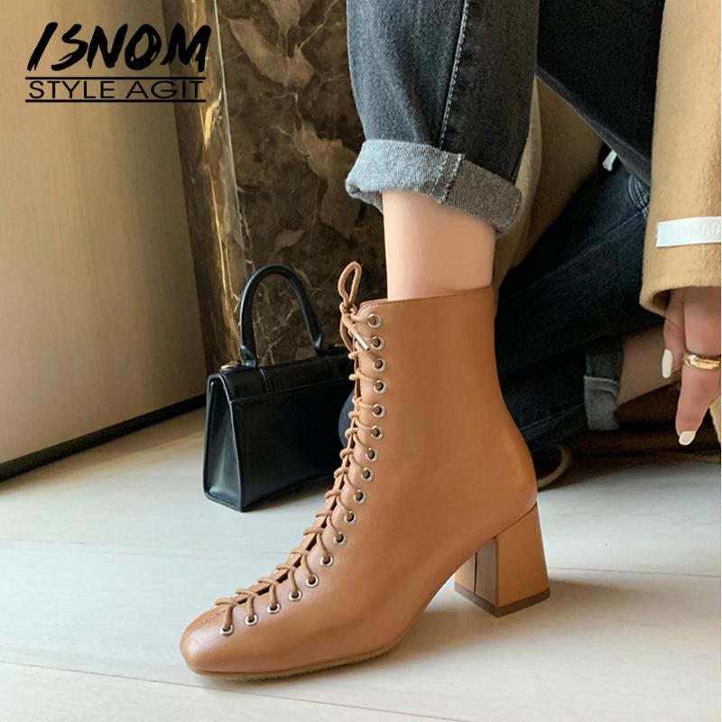 

ISNOM Woman Genuine Leather Ankle Boots High Quality Handmade Autumn Winter Boots Cross-Tied Thick High Heels Zip Women, Brown