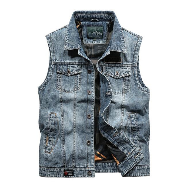 

2021 Denim Outdoor Male Cotton Multi-pocket Sleeveless Jean Jacket Plus Size 4xl Waistcoat Gq36, Sky blue