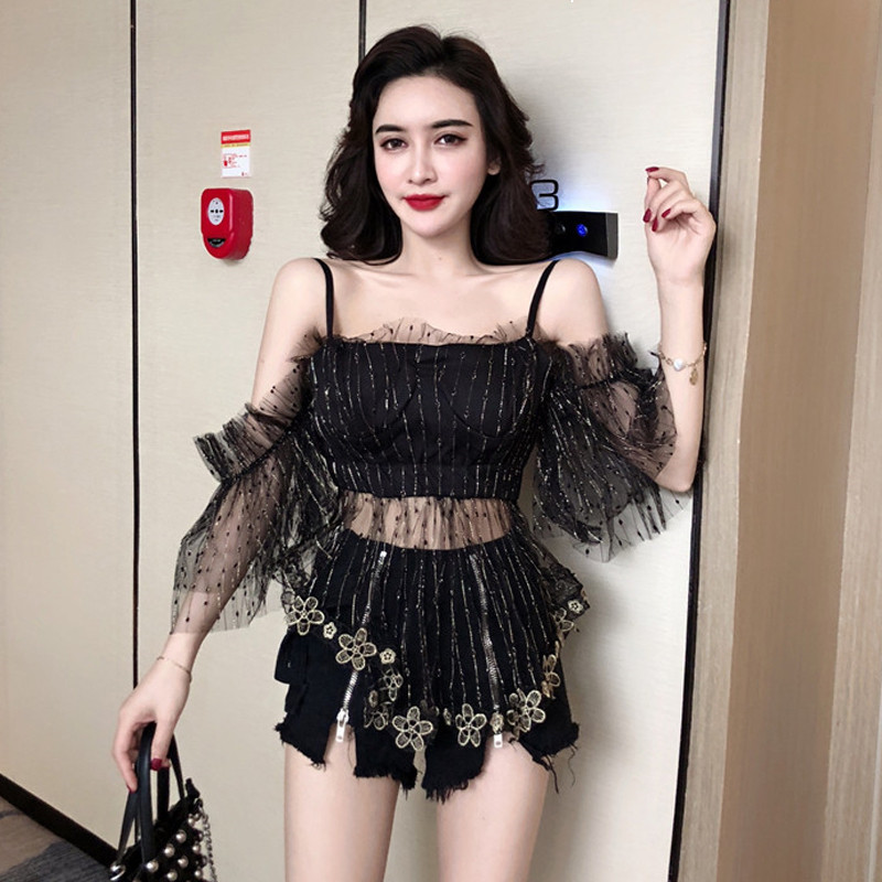 

2021 New Cool Shoulder Fashion Lace Blouse See Through Women's Shirts Tube Top with Jagged Mesh Fabrics Gauze Sexy Tops ZS7Q, Black