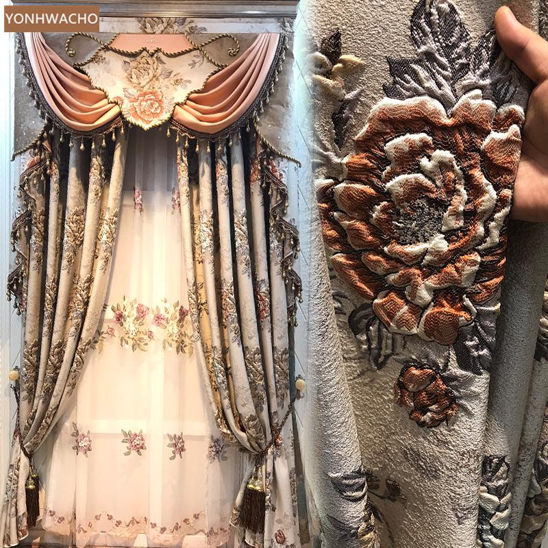 

Custom curtain Popular European living room 4d embossed luxury thick coffee cloth blackout curtain valance tulle panel C453