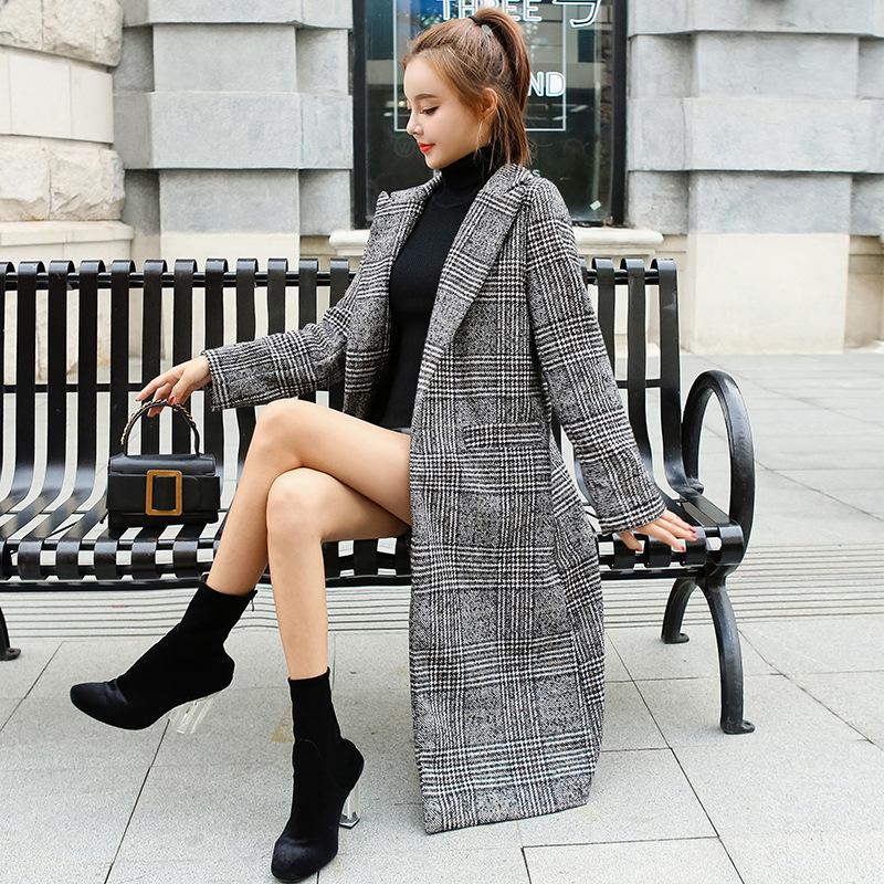 

Autumn and winter new thickened cotton medium long thousand bird checked woolen coat for women's slim over the knee woolen, Gray without cotton