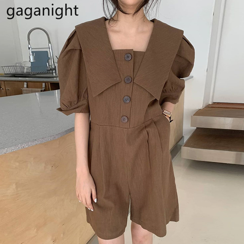 

Gaganight Vintage Women Jumpsuit Summer Short Sleeve Casual Solid Button Cargo Bodysuit Chic Korean Fashion Wide Leg Playsuit T200704, Dark brown