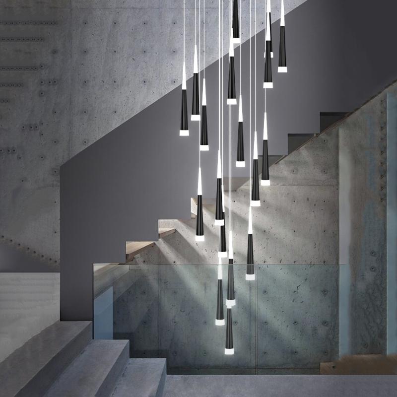 

Rotate Staircase LED Chandelier Lighting Cone Tube Kitchen Island Hanging Lamp Modern Creative Duplex Building Long Chandeliers