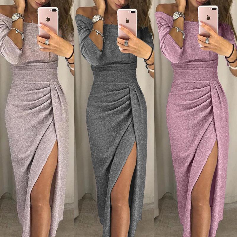 

Sexy Womens Off Shoulder Slim Long Sleeve Slit High Waist Dresses Evening Cocktail Party Dress Sparkling With Light Winter, Black