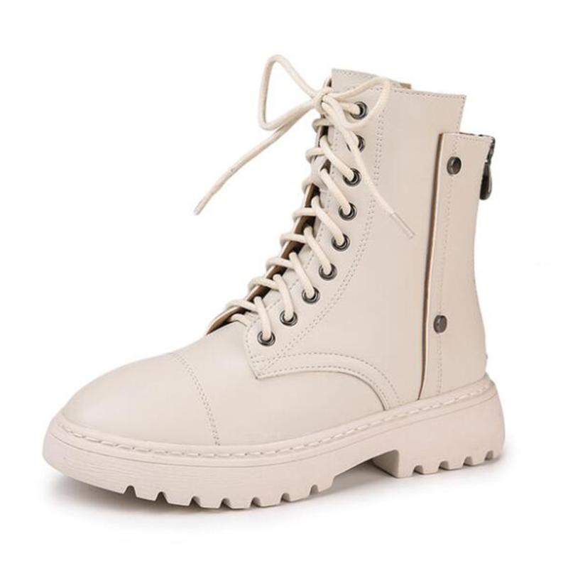 

British style Fashion Women Boots New Winter Casual Microfiber Lace-up Platform Breathable Ankle Boots Female Riding Boot ll937, Beige