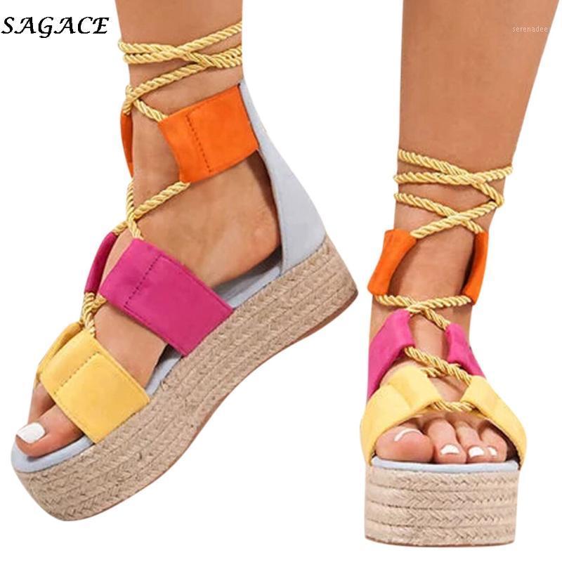 

SAGACE wedges shoes for women Summer Beach shoe Rope Lace Up Flat Fish Mouth Sandals Femme platform sandals shoes woman #301, Purple