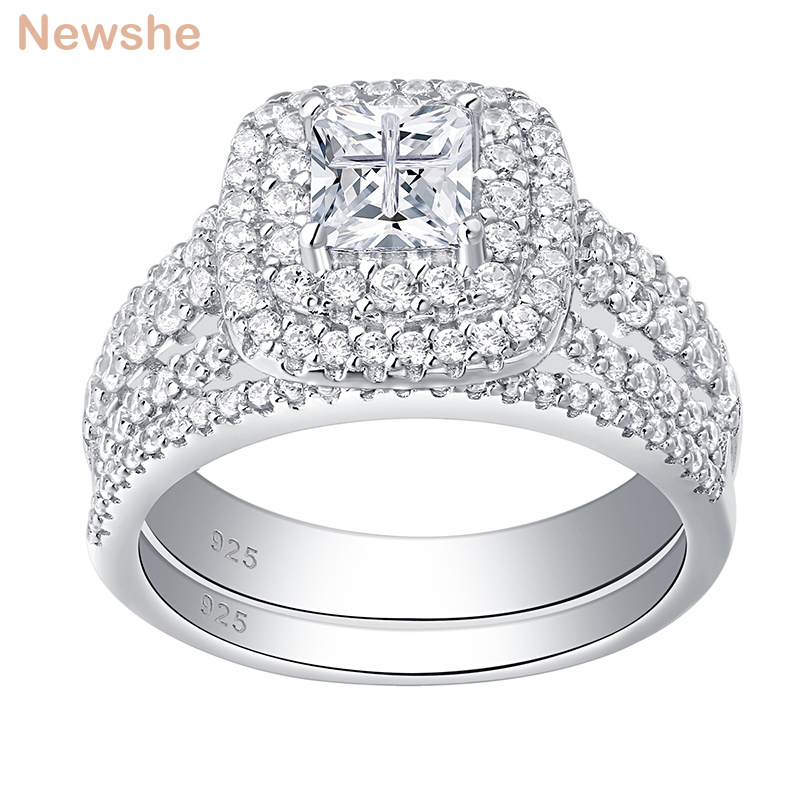 

Newshe 925 Sterling Silver Halo Wedding Ring Set For Women Elegant Jewelry Princess Cross Cut Cubic Zirconia Engagement Rings J0112