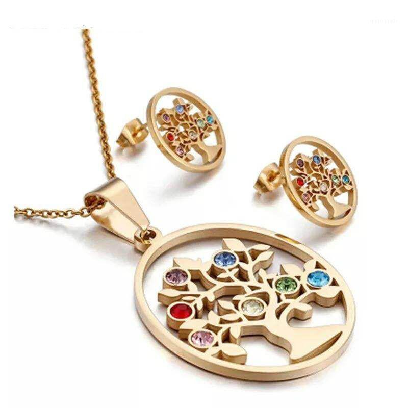 

Hot Colorful Crystal Chrismas Jewelry Sets Tree Pendant Necklace Earring Sets Tree Of Life Party Women Collars Gift1, As pic