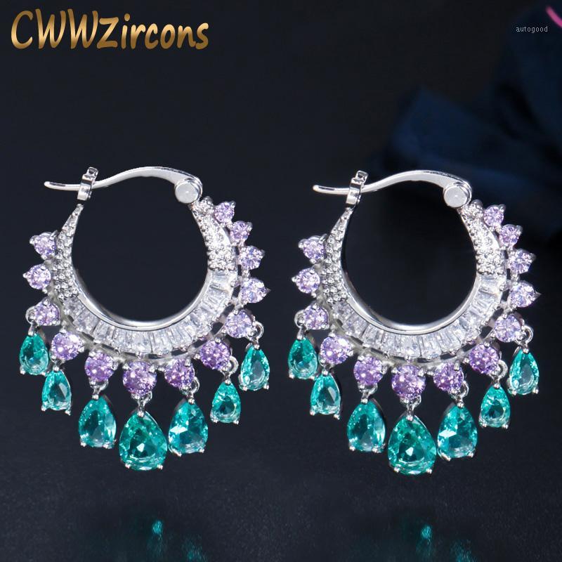 

Hoop & Huggie CWWZircons Elegant Purple Blue CZ Crystal Dangle Water Drop Tassel Earrings Fashion Bridal Wedding Boho Jewelry CZ7411