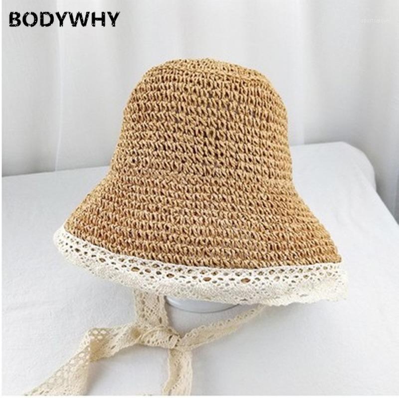 

Straw Hat Women's Hipster Summer Outing Beach Sun Hat Korean-style Lace Lace-up Sweet Foldable Bucket Fashion1, Khaki