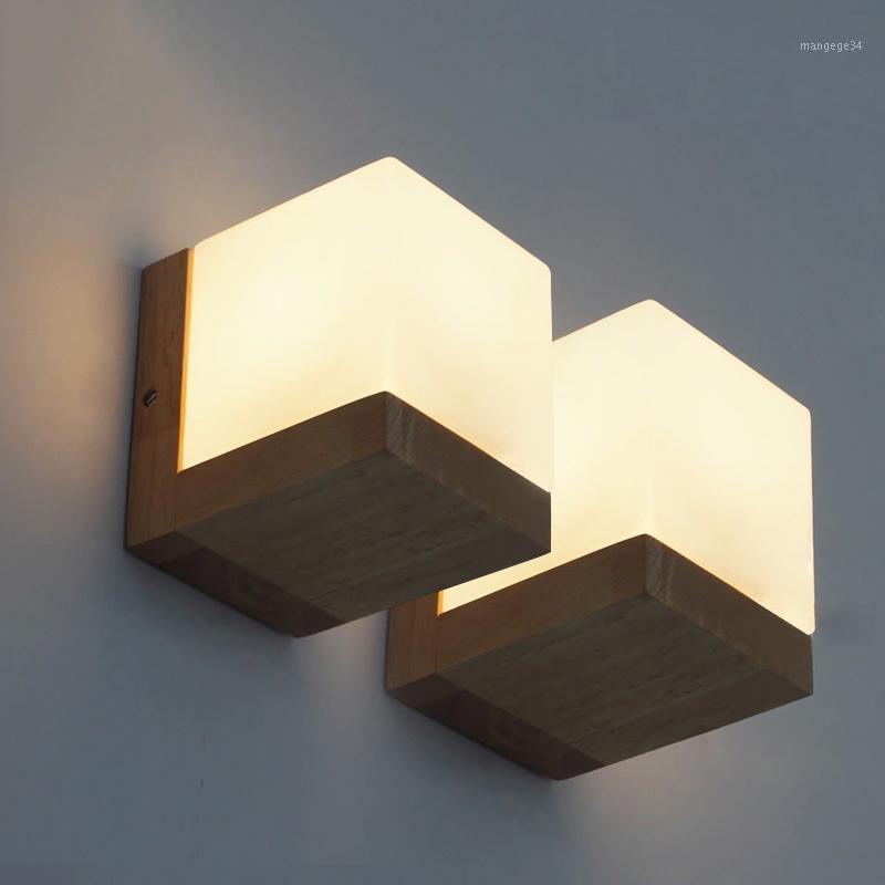

Japanese solid wood art style square wall lamp white frosted glass for bedside simple decoration LED warm light E27 lighting1