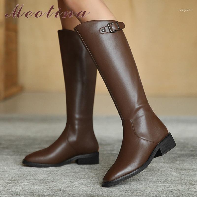 

Meotina Riding Boots Woman Med Heel Knee High Boots Zipper Square Toe Long Buckle Thick Heel Female Shoes Autumn Winter 401, Brown synthetic lin