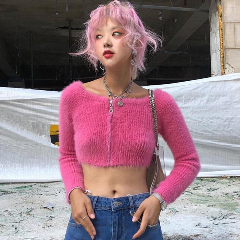 

Sweet Maiden Pink Female Sweaters Furry Front Zip Off-Shoulder Horizontal Neck Slim-Fit Knit Top Retro Slim Sweaters Cardigan