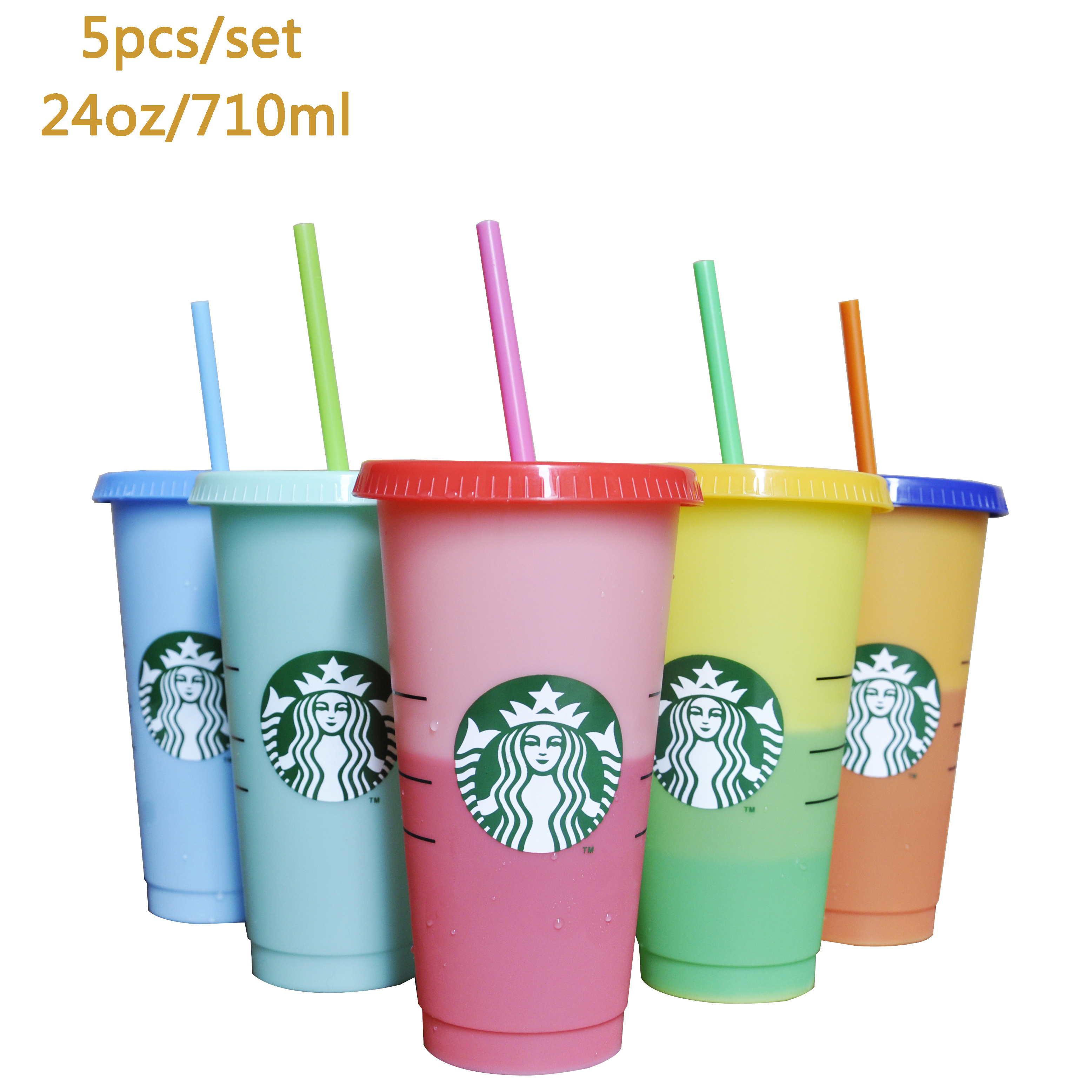 

24OZ Color Change Tumblers Plastic Drinking Juice Cup With Lip And Straw Magic Coffee Mug Costom Starbucks color changing plastic cup(1 set), Multi-color