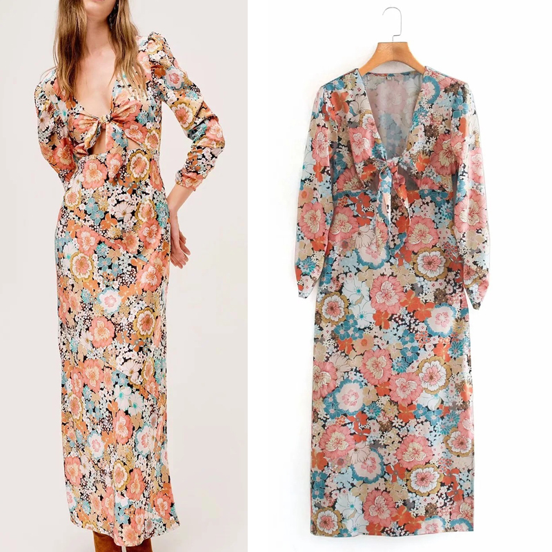 

2021 New Vintage Floral Printed Women Autumn Fashion Cutout Tied Long Puff Sleeve Midi Dress Ladies Elegant Dresses 6jyg, Print