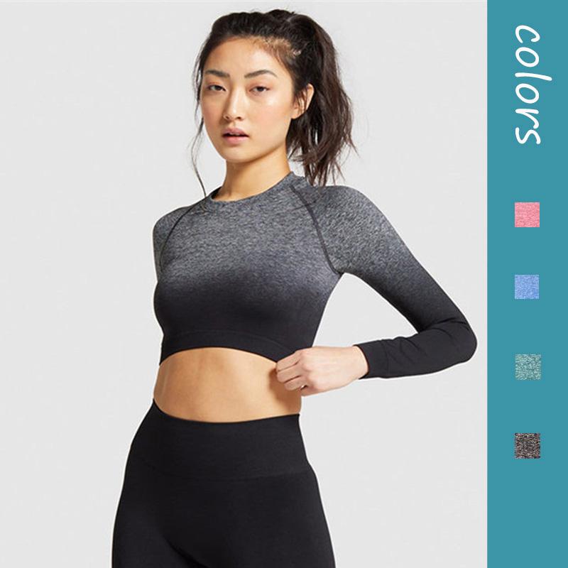 

New Gradient Sports Shirts Seamless Fitness Crop Tops Training Running Yoga Shirts Long Sleeve Sports Wear T-shirts, Black